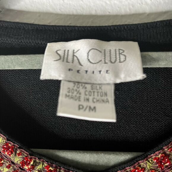 Silk Club Vintage Black Silk Cardigan Beaded Holiday Poinsettia size PM - Picture 5 of 6